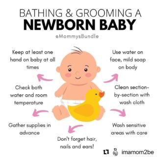#Repost @imamom2be ・・・@mommysbundle - Let’s chat newborn baths🐤💦! It may seem a little intimidating at first, but bathing your new baby is such a special time — with the benefits of parent-baby bonding, inducing sleep and even soothing a fussy baby!But don’t worry, daily bathing is not necessary (or recommended as it can dry out that delicate skin!) Usually a couple times a week is fine.Here are some tips to help get you started!GATHER SUPPLIES First things first, always gather your supplies ahead of time. You’ll need: a towel, 1-2 washcloths, mild baby wash, clean clothes and diaper. You might think this is a given, but forgetting a washcloth or towel happens more often than you think — and you never want to leave a baby unattended in a tub!KEEP A HAND ON BABYIt can get quite slippery in a tub, so always keep a firm grip on baby as you use the other to wash. Although many baby tubs offer added support for newborns, you never want to rely on the tub to keep baby in place. Support baby’s body whatever way you can — the clutch position, one hand supporting the head or across the back. CHECK TEMPERATUREThis goes for both the water and room temperature. Babies lose body heat quickly, so aim for a room temp. between 75-80F. And while you always want to keep baby comfortable in the tub — warm, not hot is key. The water temp. should be around 100F. NOTE: Even if you think the temp. is fine, keep checking with a simple wrist test as water temperature can change quickly. Safety first!CLEAN IN SECTIONSWork in sections as you wash baby, starting at the face and then body. You can always use separate wash clothes for private parts. For the face, water alone is fine unless baby is super dirty. Reserve soap for the rest of the body. And don’t forget to get into all those little crevices: around the ears, under the arms and the neck (where a lot of food or spit up gets caught in)!NAILS, HAIR & EARSAfter bathing, remember to look after other essential baby care. Use a soft-bristle brush gently on the head, trim baby’s nails with a file or safety scissors and use a cotton swab around the outer area of baby’s ears.