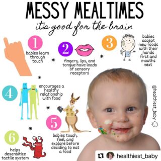 #Repost @healthiest_baby ・・・Why you should embrace messy mealtimes (sometimes)…⁣⁣There are many solid reasons to encourage your baby to eat freely. I’m not talking about baby-led weaning. I’m talking about letting your baby feel, squish, and touch their food. ⁣⁣Allowing your baby to use all his or her senses as he eats increases the odds he’ll eat it down the road. But the goal is not to fool your baby into eating lots of foods. The goal is to prevent fussy eating habits and encourage your baby’s little hungry mind. ⁣⁣I’m not encouraging messy mealtimes any and all the time—but rather when you feel up to it. ⁣⁣Here are a few ways to allow a little mess:⁣⁣Keep mealtimes short⁣⁣Only put small amount of food on the plate at a time⁣⁣Put highchair in a place that’s easy to clean⁣⁣End meals when more food is thrown than eaten⁣⁣⁣𝙄 𝙘𝙖𝙣’𝙩 𝙧𝙚𝙖𝙡𝙡𝙮 𝙨𝙖𝙮 𝙄 𝙢𝙖𝙙𝙚 𝙖 𝙘𝙤𝙣𝙨𝙘𝙞𝙤𝙪𝙨 𝙙𝙚𝙘𝙞𝙨𝙞𝙤𝙣 𝙩𝙤 𝙡𝙚𝙩 𝙢𝙮 𝙠𝙞𝙙𝙨 𝙢𝙖𝙠𝙚 𝙖 𝙢𝙚𝙨𝙨. 𝙄𝙩 𝙟𝙪𝙨𝙩 𝙝𝙖𝙥𝙥𝙚𝙣𝙚𝙙 𝙨𝙤𝙢𝙚𝙩𝙞𝙢𝙚𝙨. 𝘿𝙤 𝙮𝙤𝙪 𝙖𝙡𝙡𝙤𝙬 𝙮𝙤𝙪𝙧 𝙠𝙞𝙙𝙨 𝙩𝙤 𝙢𝙖𝙠𝙚 𝙖 𝙡𝙞𝙩𝙩𝙡𝙚 𝙢𝙚𝙨𝙨 𝙖𝙩 𝙢𝙚𝙖𝙡𝙩𝙞𝙢𝙚- 𝙨𝙤𝙢𝙚𝙩𝙞𝙢𝙚𝙨? 𝙉𝙤 𝙟𝙪𝙙𝙜𝙚𝙢𝙚𝙣𝙩 𝙝𝙚𝙧𝙚 - 𝙩𝙝𝙖𝙩’𝙨 𝙛𝙤𝙧 𝙨𝙪𝙧𝙚!⁣